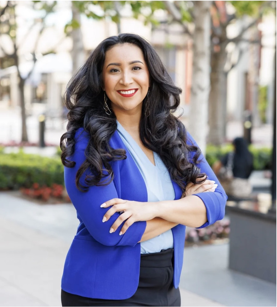 Clarissa Cervantes, candidate for California Assembly District 58, smiling in a blue blazer